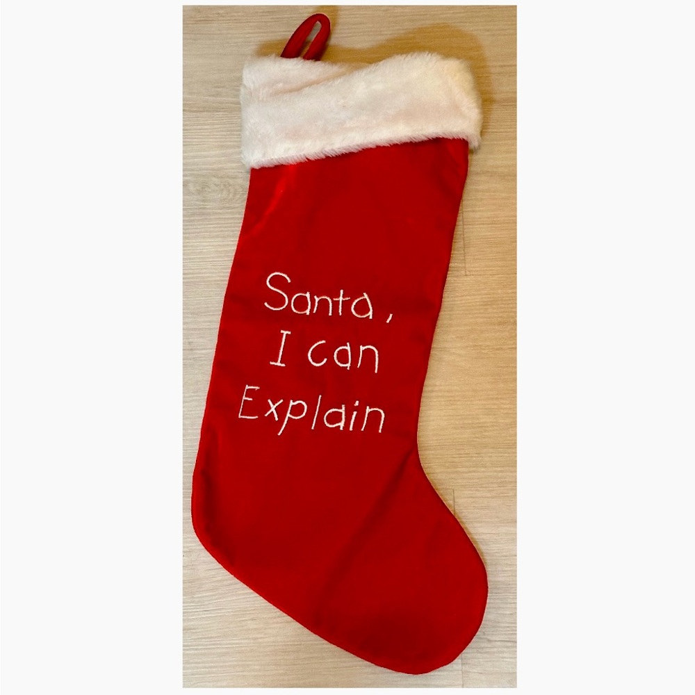 “Santa, I Can Explain” Christmas Stocking - Red/White, 17” Fun Holiday Decor